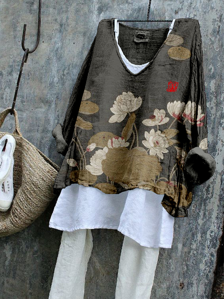 Vintage Lotus Flower Art Linen Blend Flowy Tunic