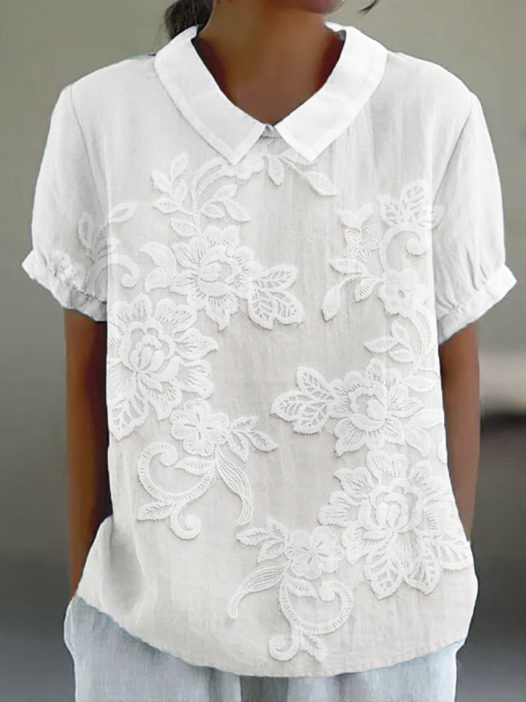 Vintage Floral Lace Embroidered Linen Blend Tunic
