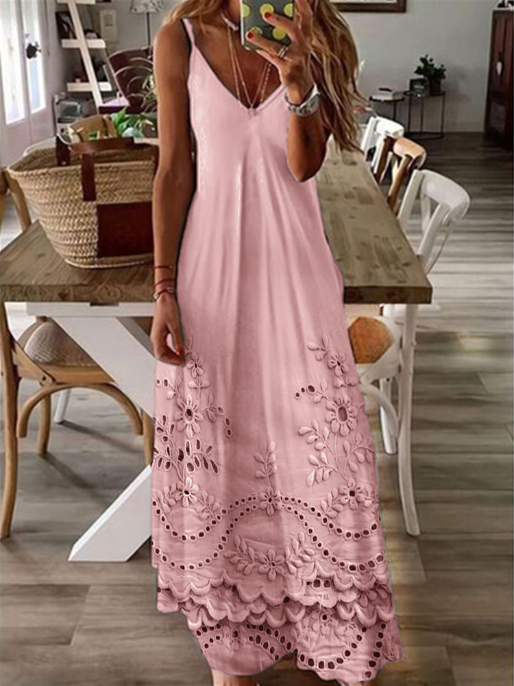 Vintage Floral Embroidered Lace Hem Cami Maxi Dress