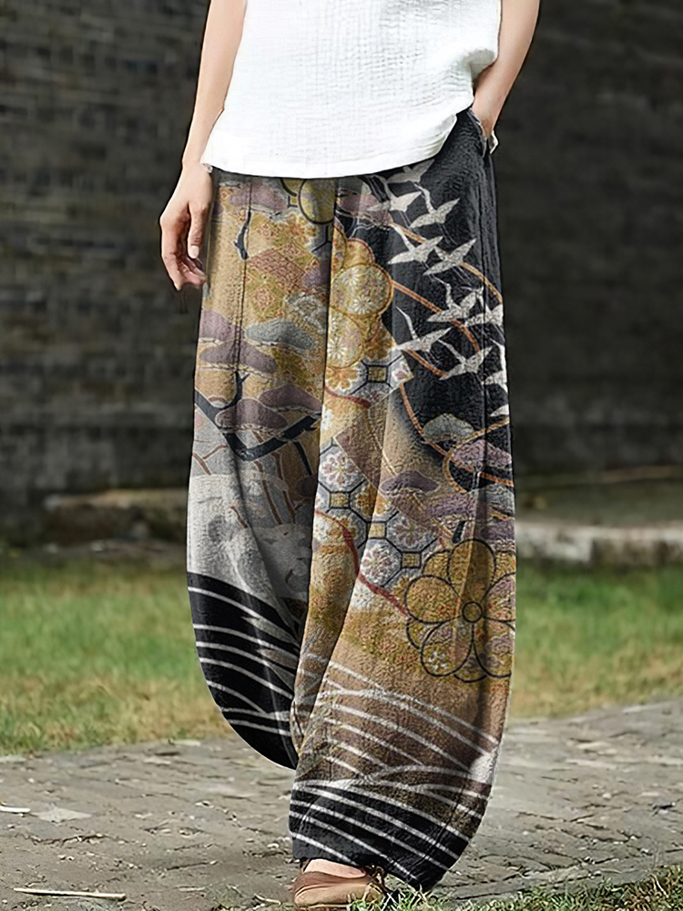 Women's Japanese Art Crane Sakura Pocket Loose Casual Pants