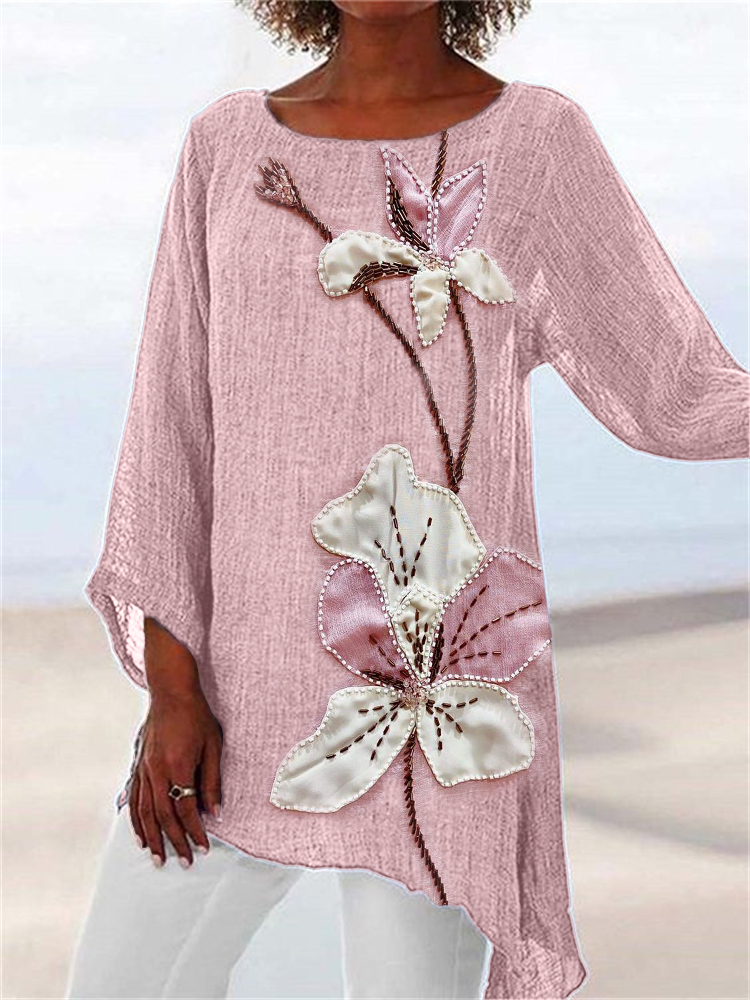 Classy Flowers Fiber Art Linen Blend Flowy Tunic