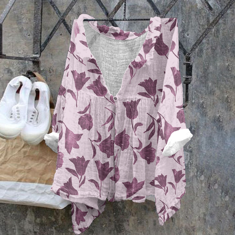 Ladies Floral Pattern Casual Cotton Linen Shirt