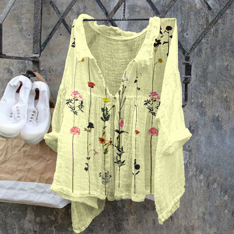 Floral Pattern Ladies Casual Floral Print Cotton Linen  Shirt