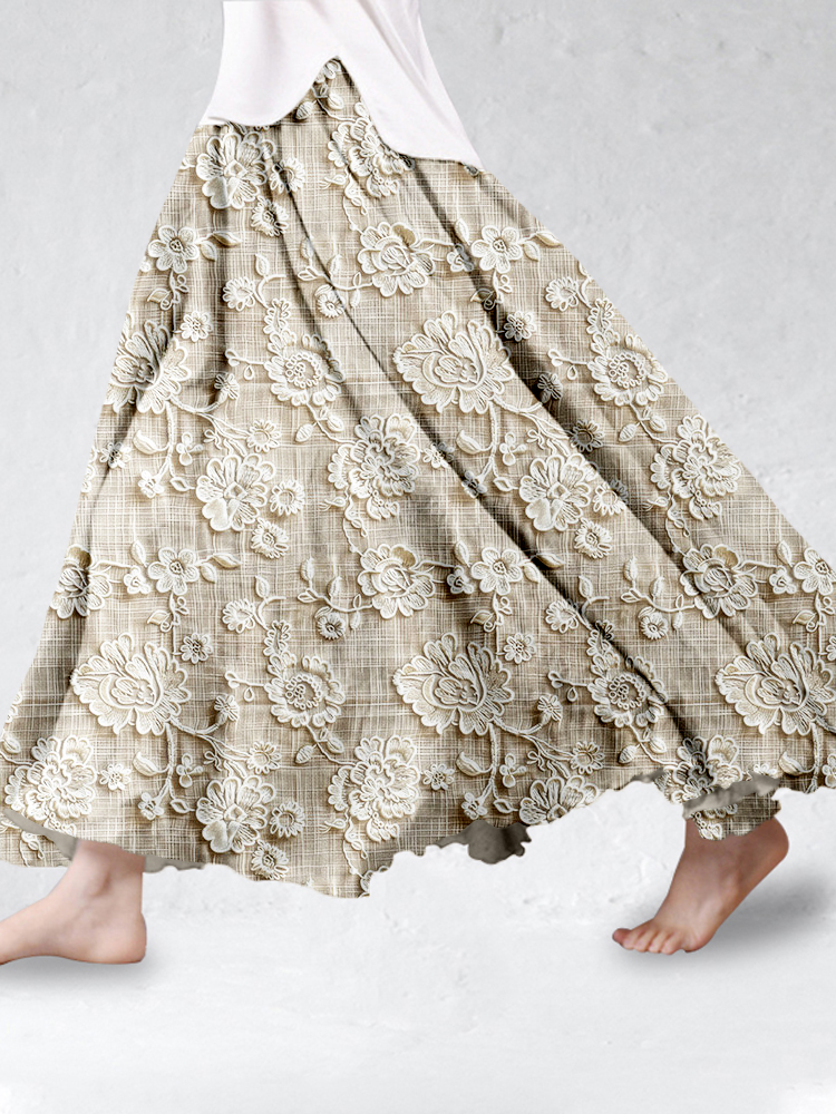 Vintage Floral Lace Embroidered Linen Blend Flowy Wide Skirt