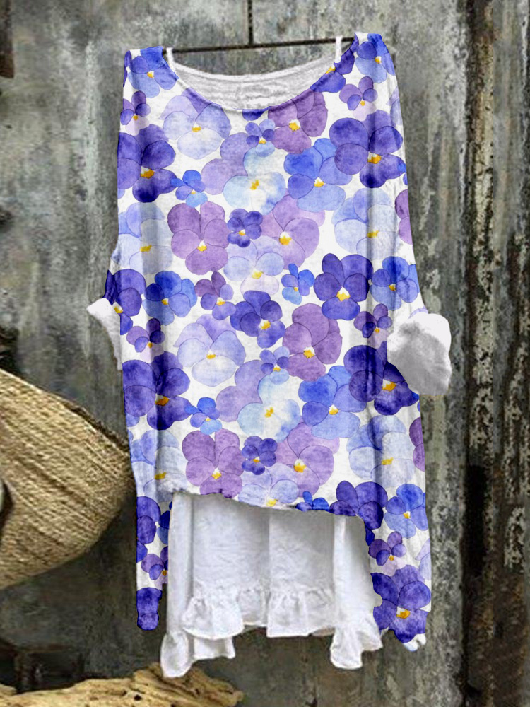 Watercolor Pansy Flowers Linen Blend Flowy Tunic