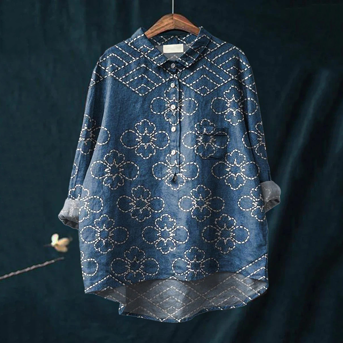 Vintage Ethnic Floral Art Print Casual V-Neck Shirt
