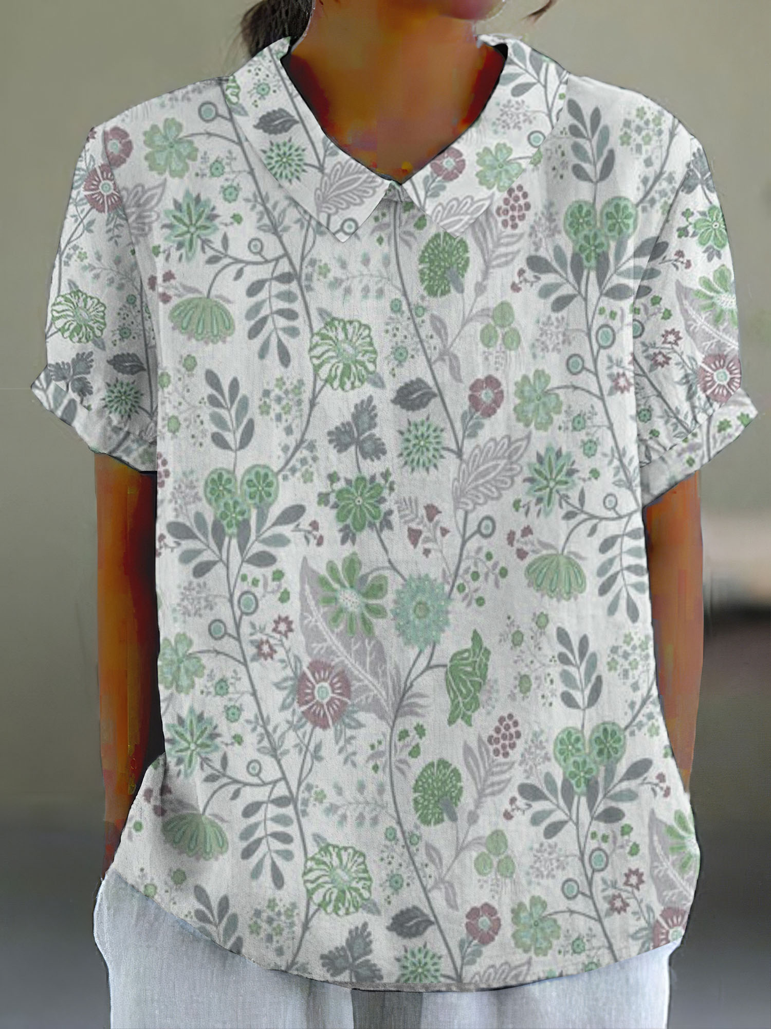 Women's Pastoral Floral Art Print Casual Cotton Linen Shirt
