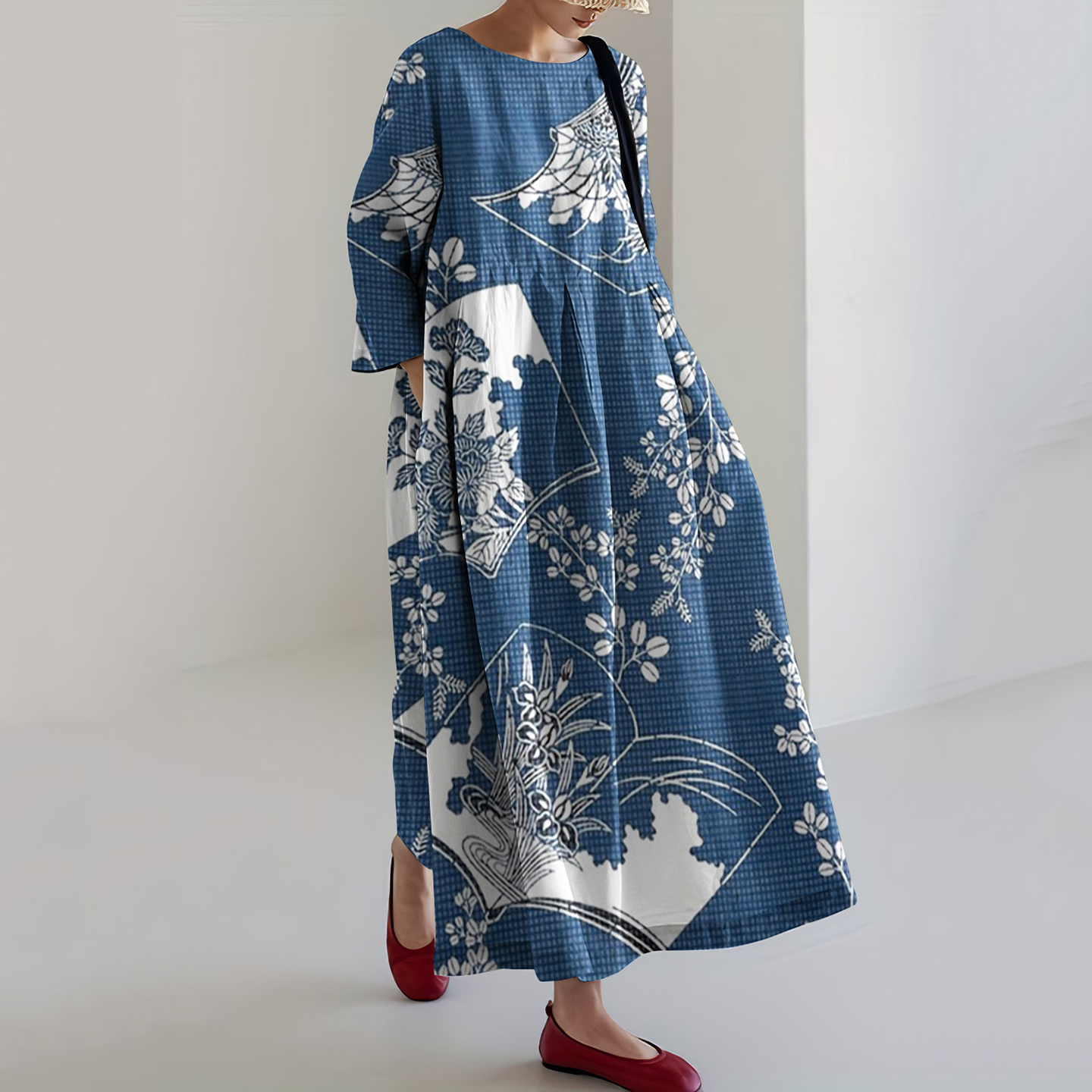 Japanese Art Floral Print Linen Blend Loose Midi Dress