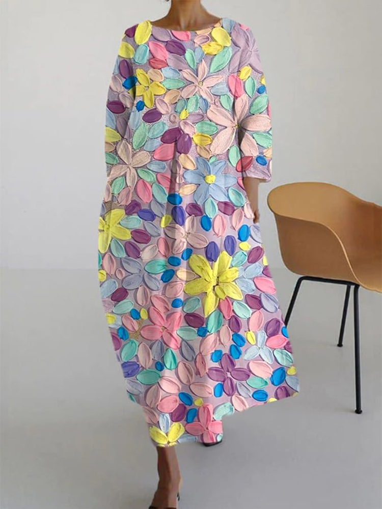 Flower Art Print Round Neck Midi Dress