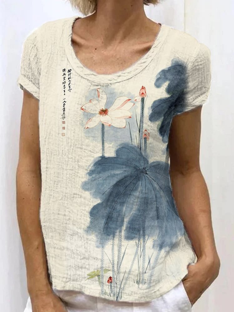 Japanese Retro Orchid Ink Wash Painting Art Linen Casual T-Shirt