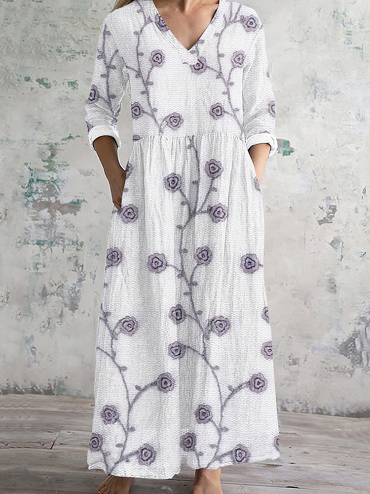 Vintage Cotton And Linen Floral Print Women's Dress