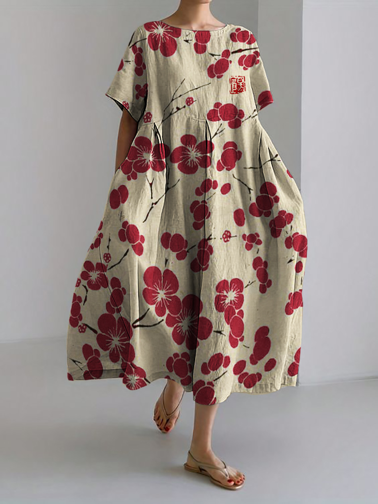 Cherry Blossom Japanese Lino Art Linen Blend Maxi Dress