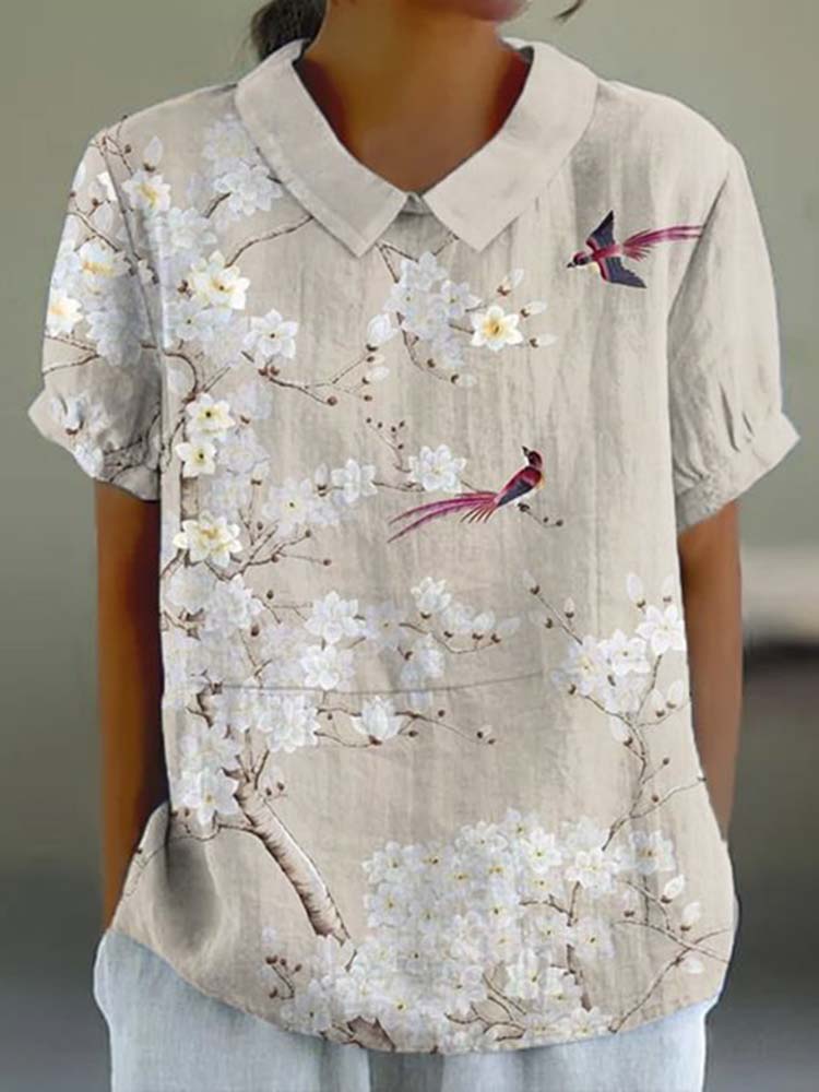Floral Bird Print Short Sleeve Casual Blouse