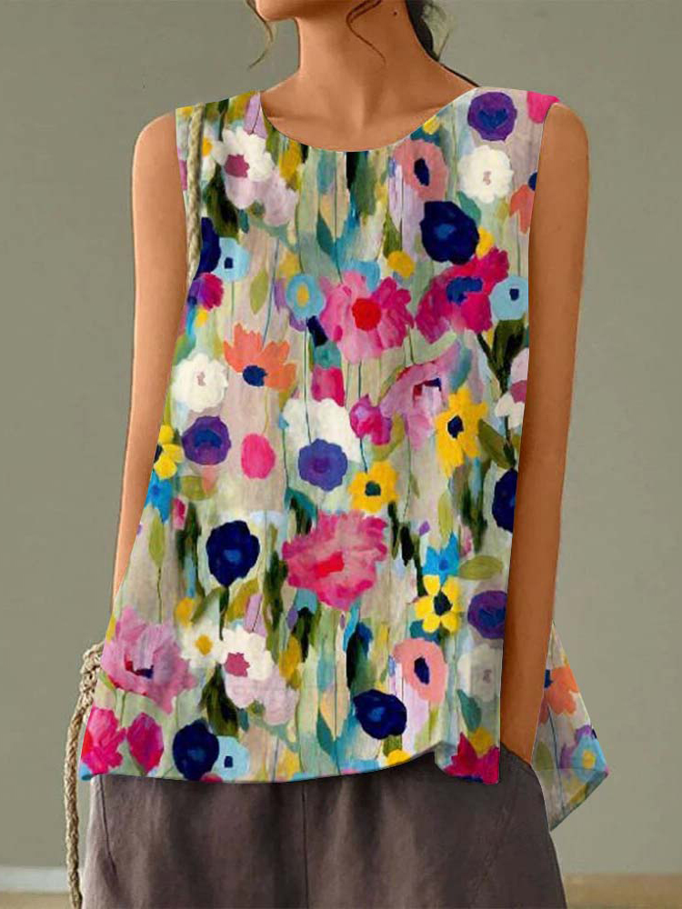 Color Block Floral Art Printed Crew Neck Casual Sleeveless Top