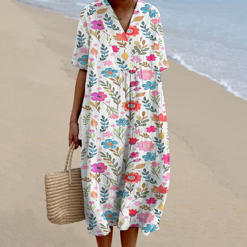 Women's Pastoral Floral Art Print Casual Cotton Linen Dress