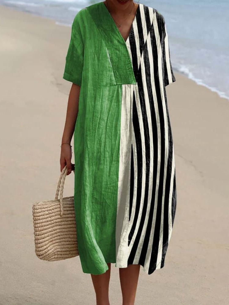 Striped Print V-Neck Loose Midi Dress