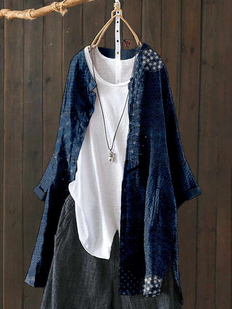 Japanese Traditional Sashiko Art Linen Blend Loose Cardigan