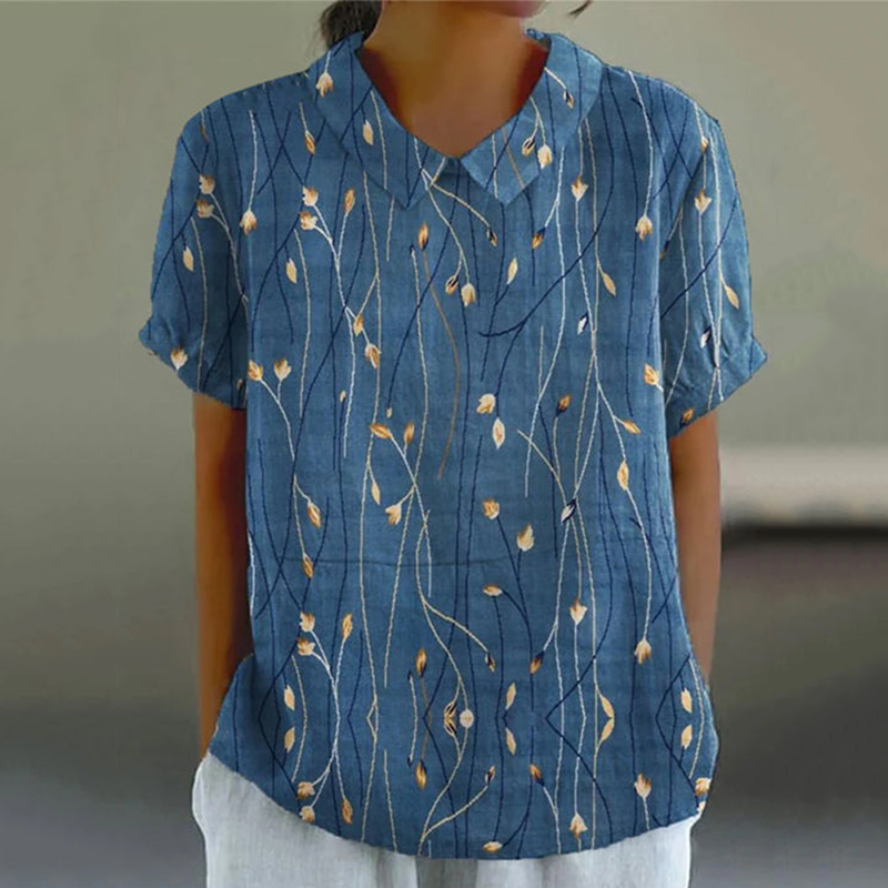 Retro Floral Embroidery Art Short Sleeve Lapel Shirt