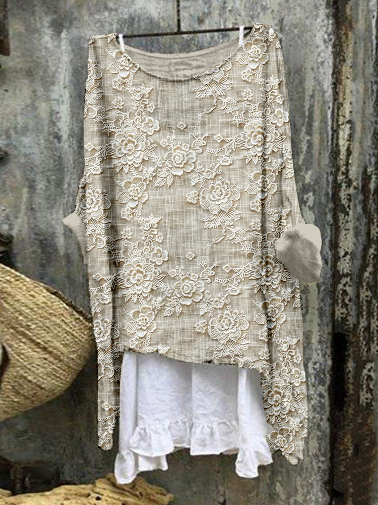 Flowers Lace Embroidered Linen Blend Flowy Tunic
