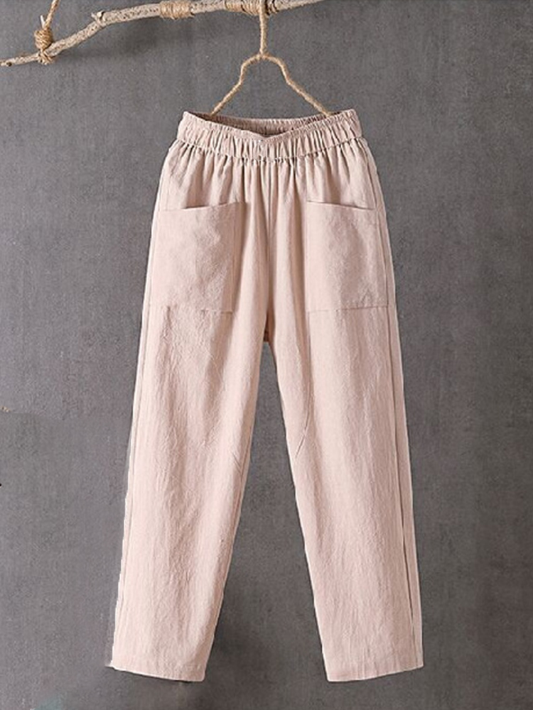 Women's Pockets Design Linen Blend Elastic Waist Pants