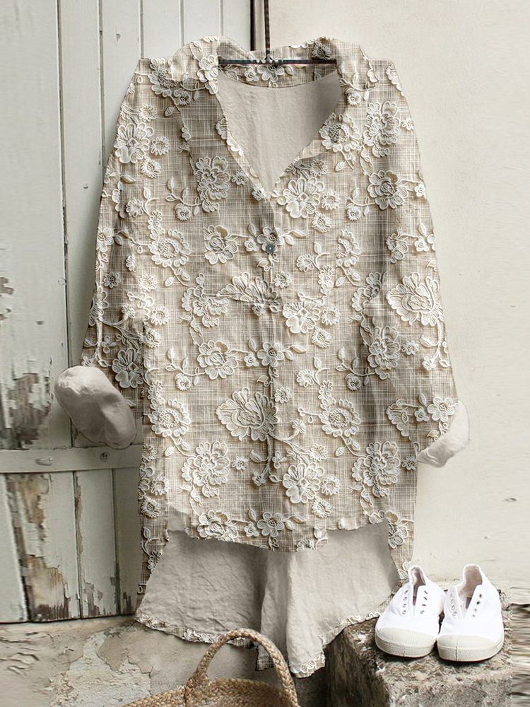 Vintage Floral Lace Embroidered Linen Blend High Low Tunic