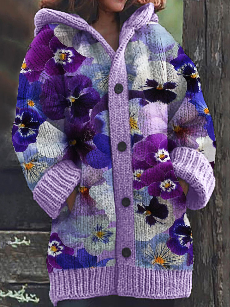 Purple Flower Pattern Cozy Hooded Cardigan