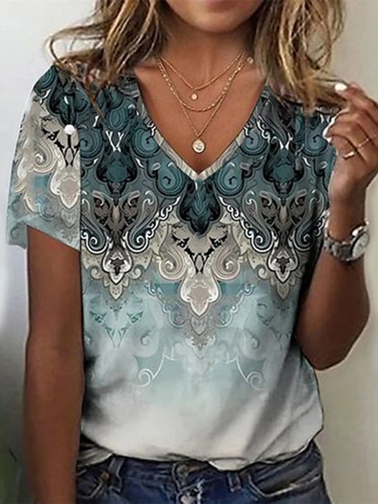 Western Retro Pattern Printed Casual T Shirt
