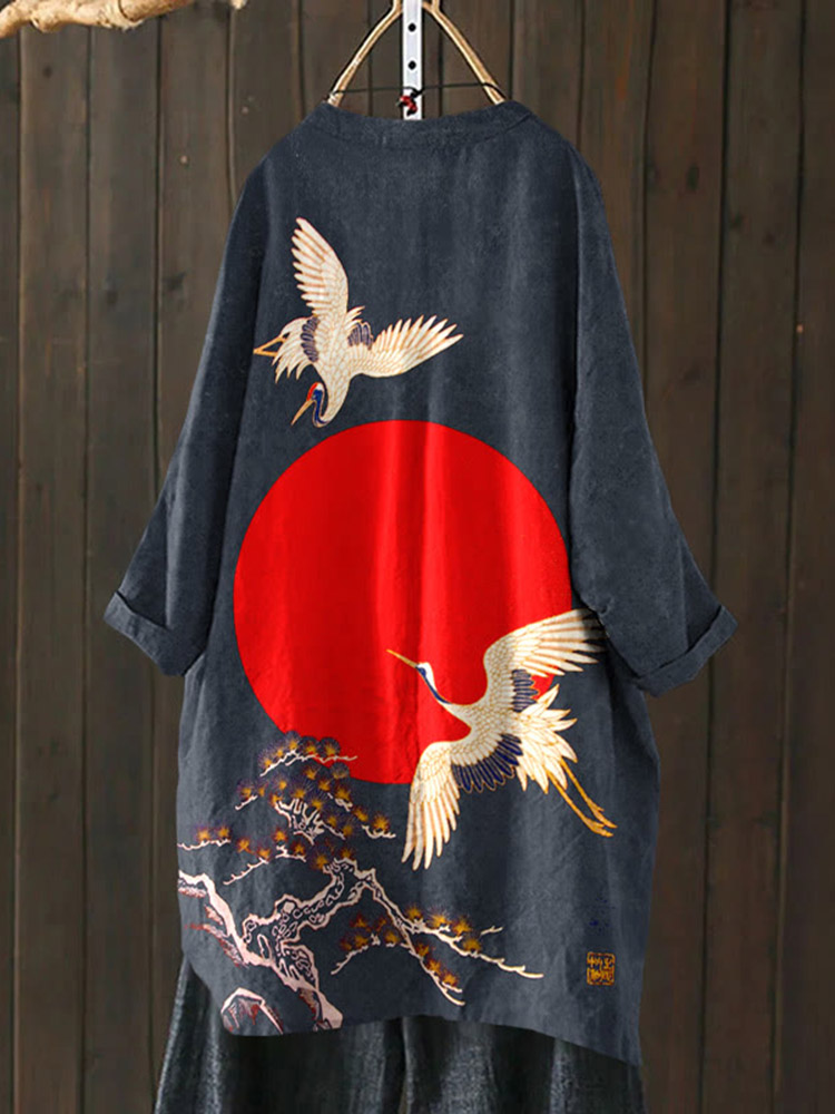 Cranes & Sunrise Japanese Art Vintage Print Cardigan