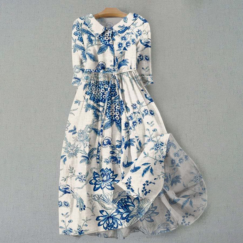 Elegant Floral Design Print Lace-up Casual Midi Dress