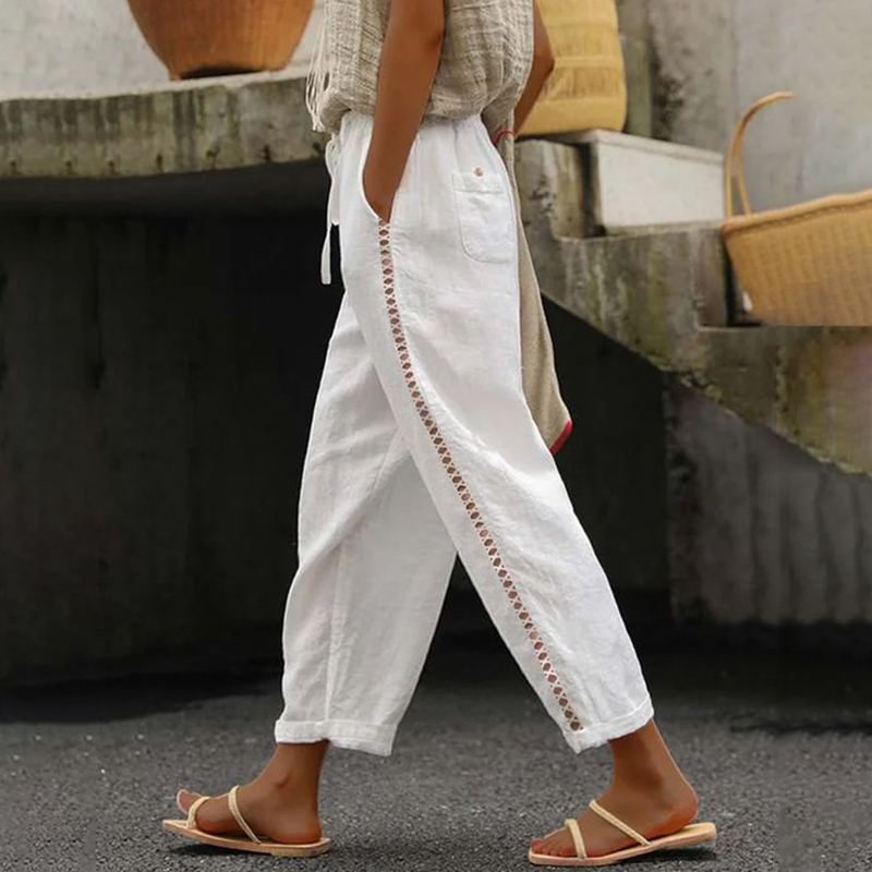 Casual Solid Color Cotton Stitching Hollow Elastic Pants