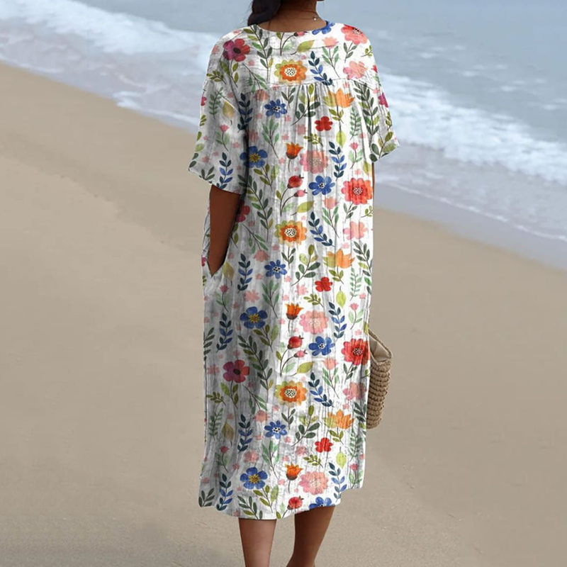 Women's Pastoral Floral Art Print Casual Cotton Linen Dress