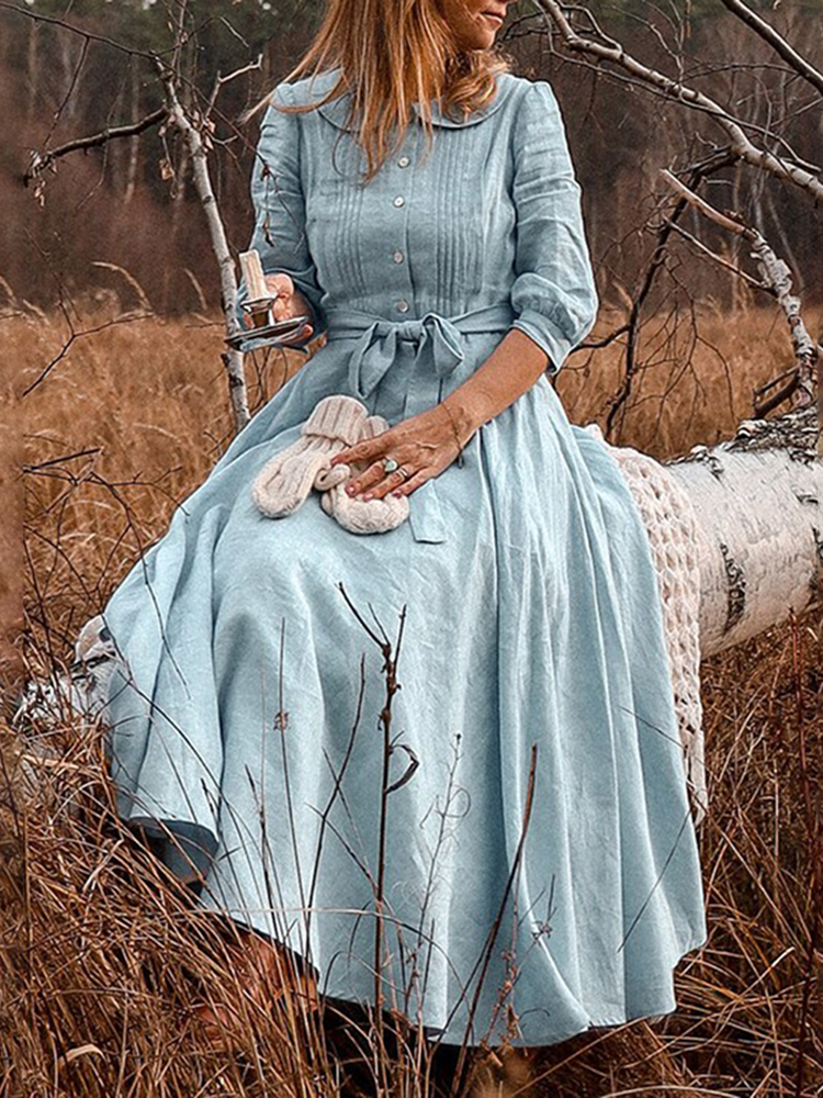 Vintage Doll Collar Pleat Cotton Linen Comfy Midi Dress