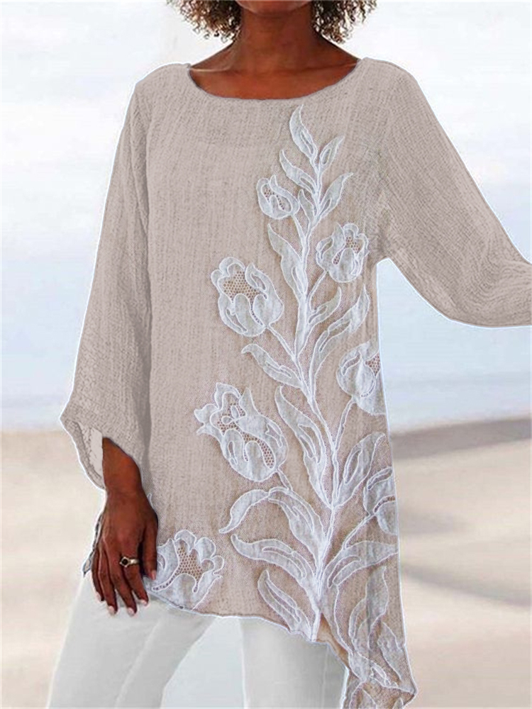 Classy Tulips Embroidered Lace Linen Blend Flowy Tunic