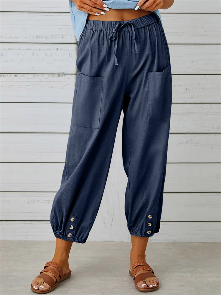 Patch Pocket Button Accent Comfy Casual Pants