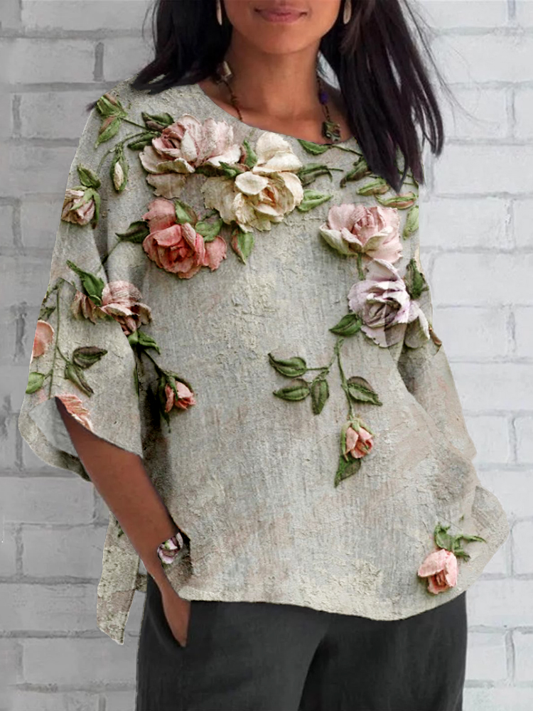 3D Floral Paintings Art Linen Blend Cozy Tunic