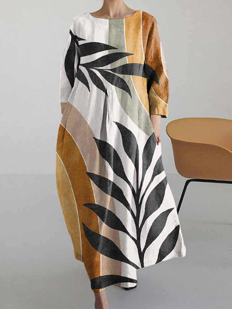 Sun Desert Botanical Art Long Sleeve Midi Dress