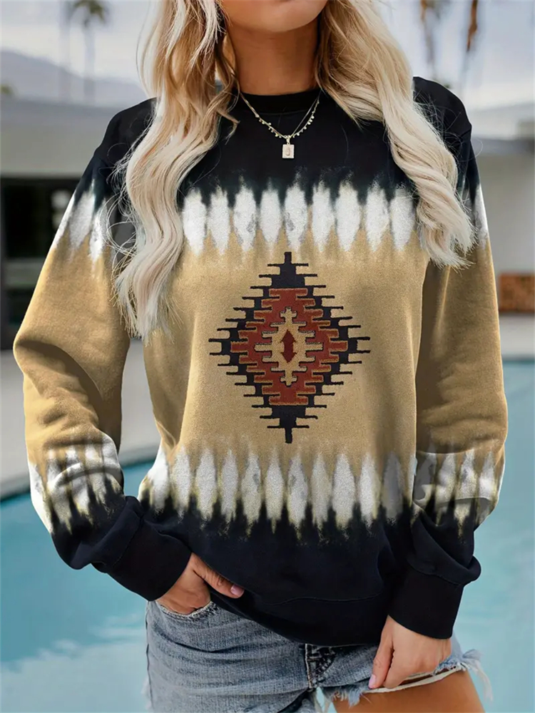 Aztec Print Crew Neck Pullover Sweatshirt