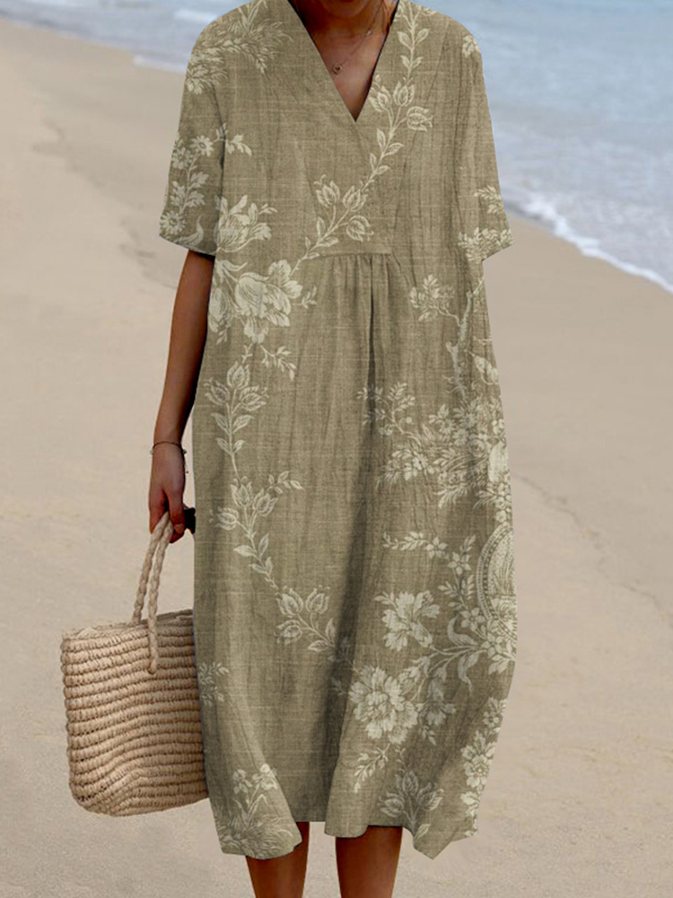 Vintage Floral Print V-Neck Loose Midi Dress