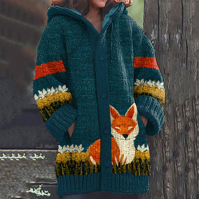 Retro Fall Fox Floral Art Cozy Knit Hooded Cardigan