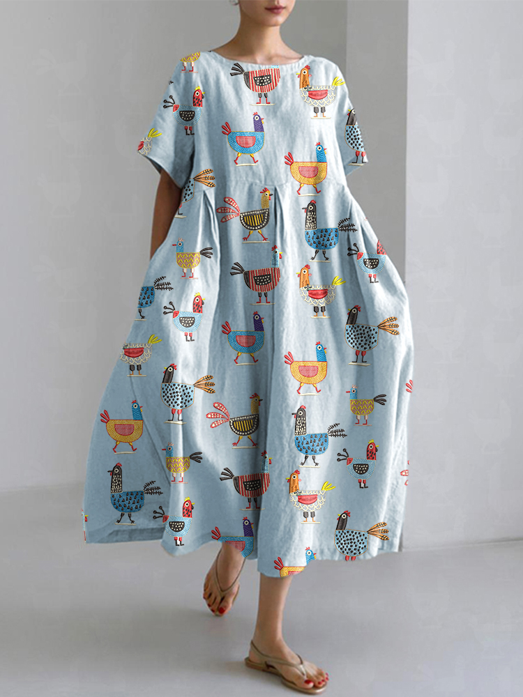Funny Farm Chicken Embroidery Pattern Linen Blend Dress