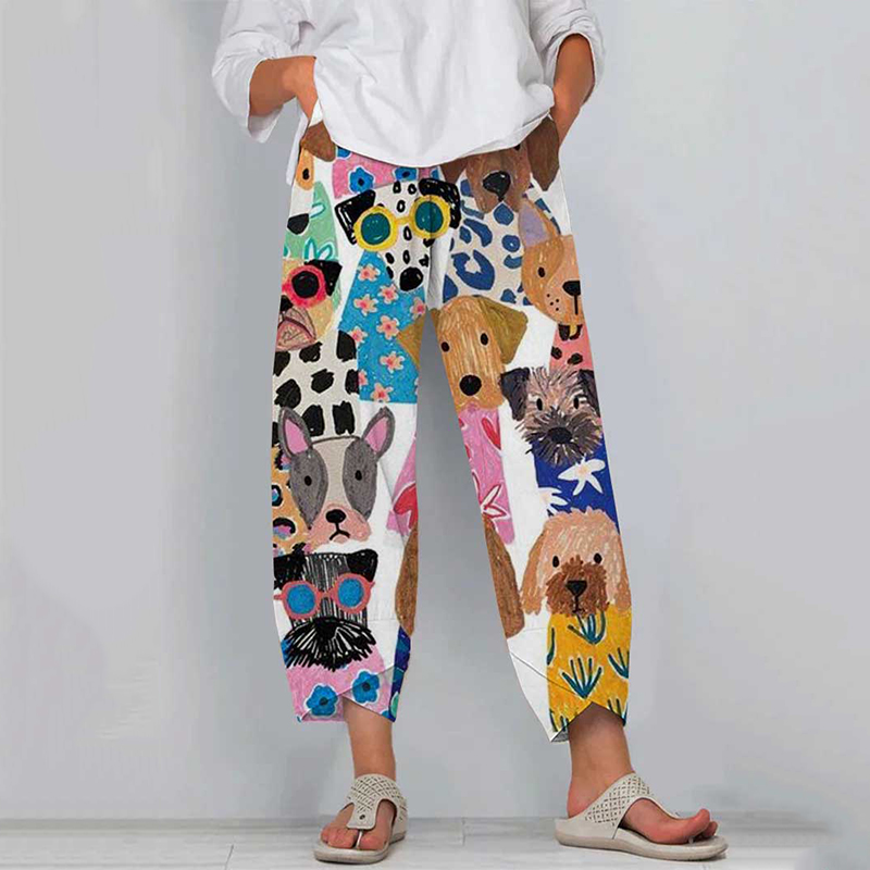 Women's Colorful Fun Cartoon Puppy Print Casual Pants