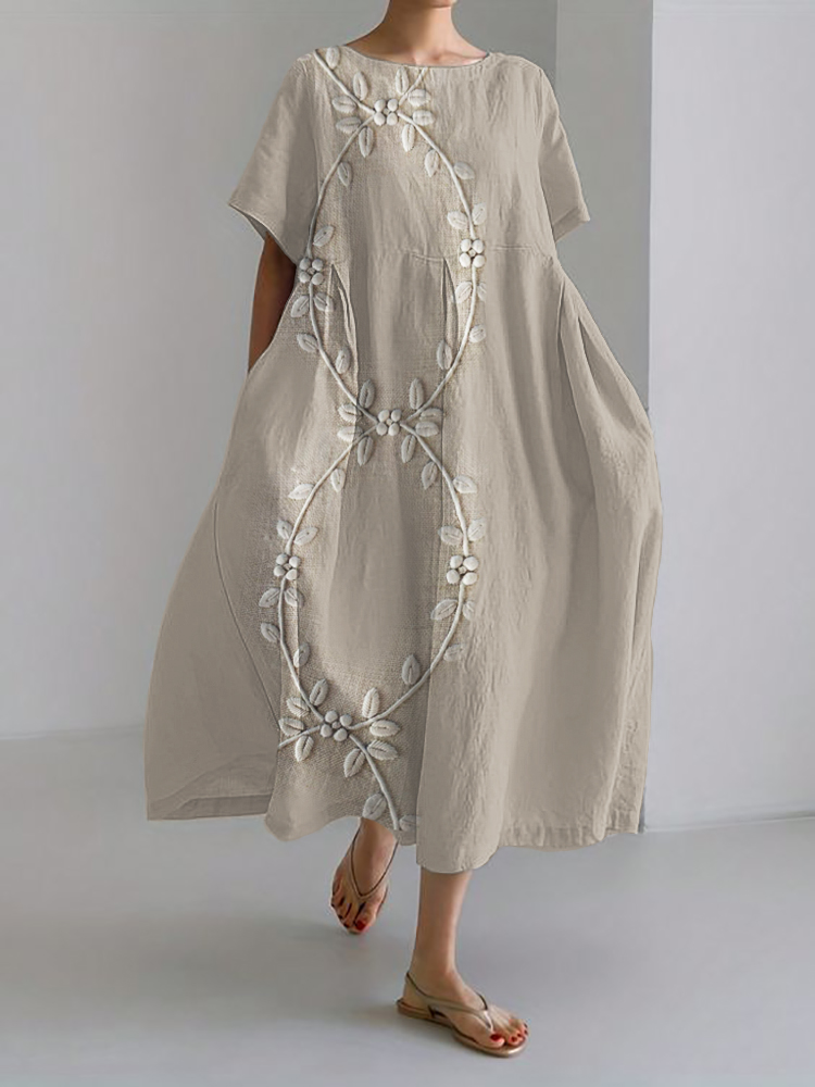 Classy Floral Vines Embroidered Linen Blend Maxi Dress