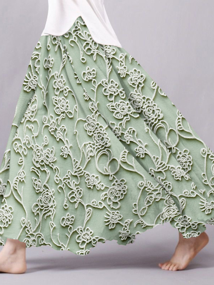 Women's Vintage Lace Floral Print Art Linen Blend Flowy Skirt