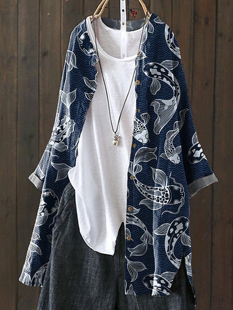 Japanese Style Koi Fish Print Casual Cardigan