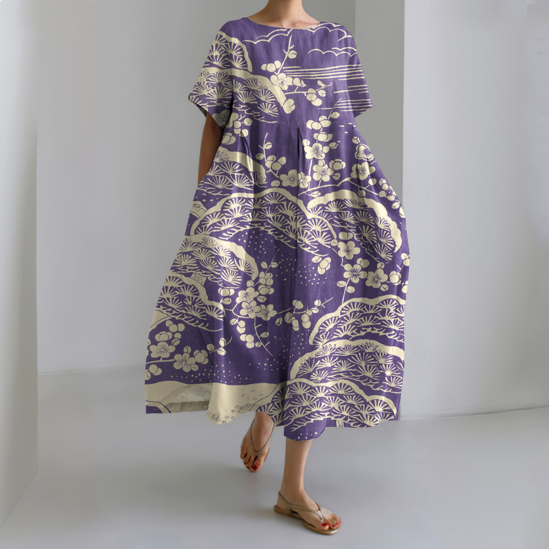 Japanese Art Plum Blossom Printed Crew Neck Casual Midi Dress
