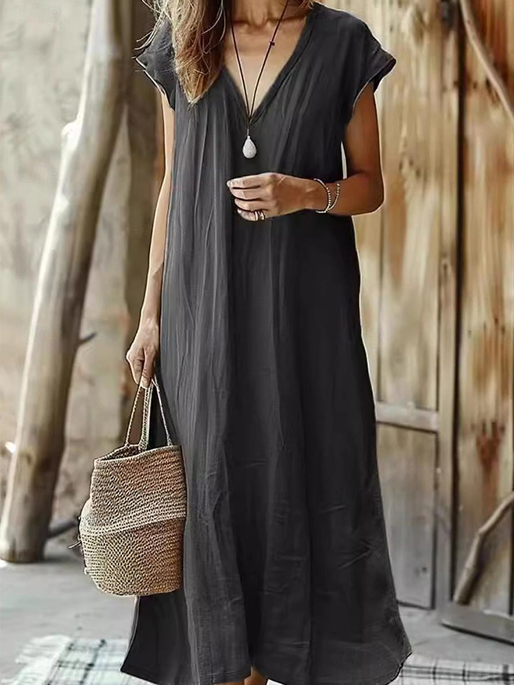 Solid Color V Neck Linen Blend Maxi Dress