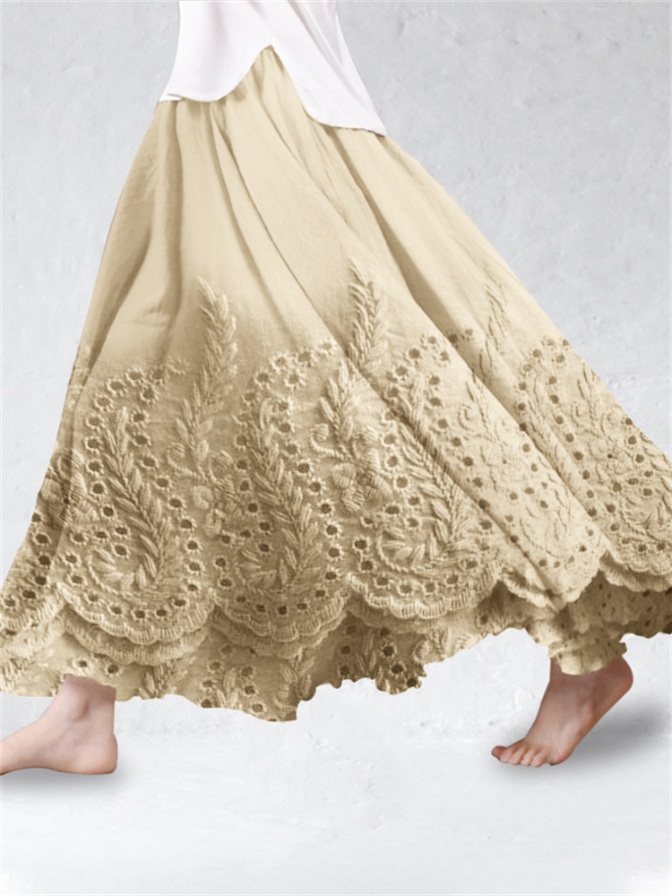Cottage Wheat Floral Lace Hem Linen Blend Flowy Skirt