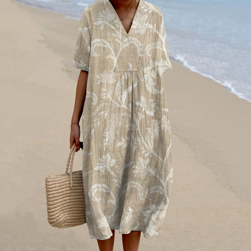 Floral Print V-Neck Loose Midi Dress