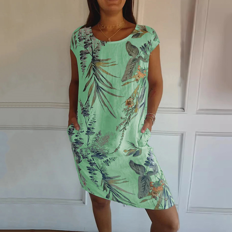 Fashionable Plant Cotton And Linen Round Neck Women'S Dress