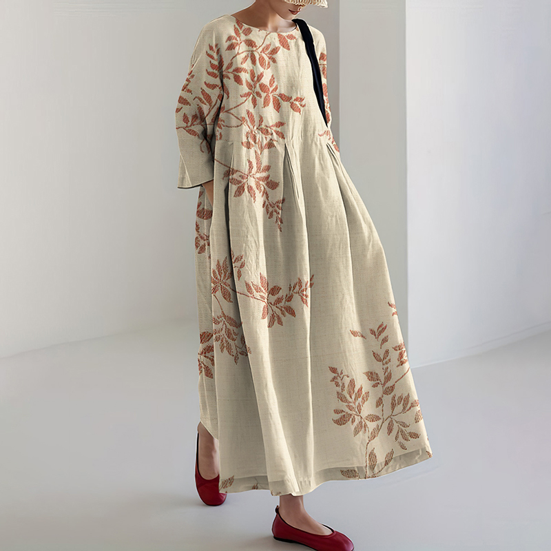 Japanese Art Flower Print Long Sleeve Casual Midi Dress